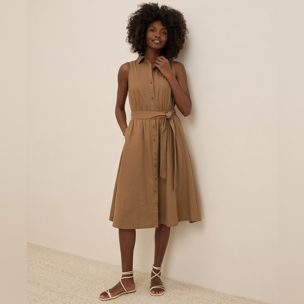 Pact 100% Organic Cotton Sunset Sleeveless Shirtdress in Brown Sugar